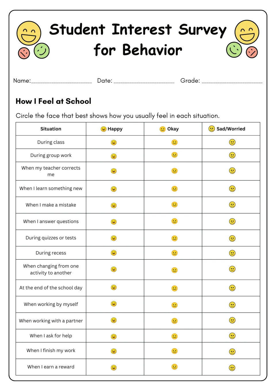 School feelings survey: students choose Happy, Okay, or Sad/Worried for 15 situations, including group work
