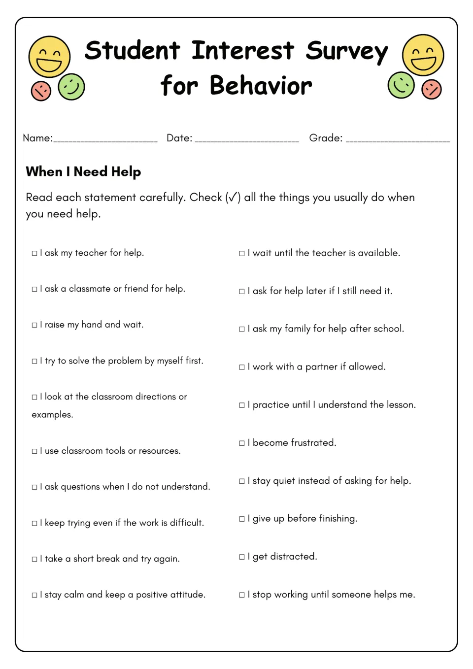 Help-seeking survey: 20 responses, including asking a teacher, trying independently, and becoming frustrated