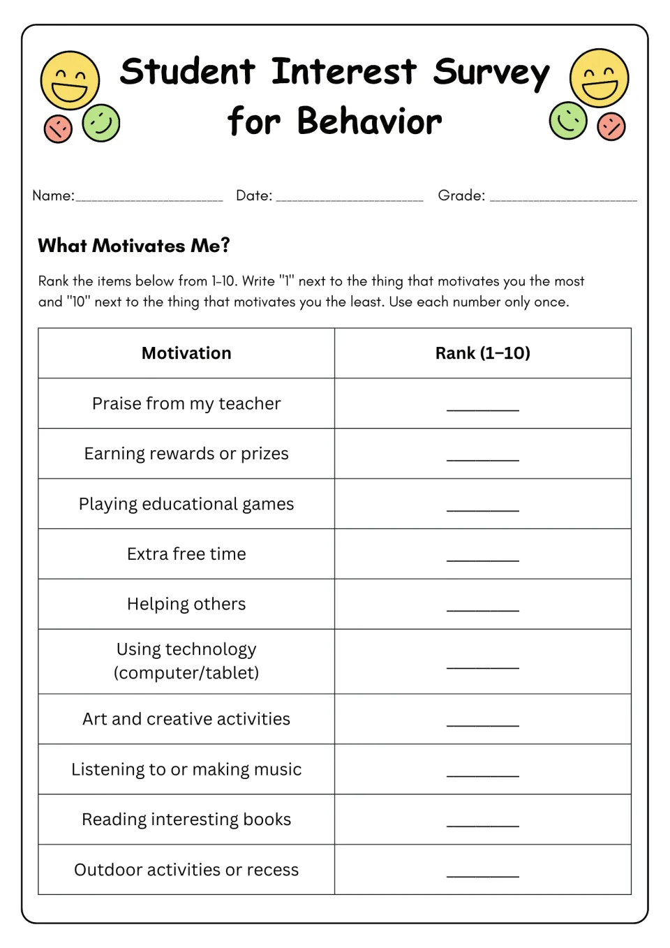 Motivation survey: rank 10 items from most to least motivating, including teacher praise, rewards, and music