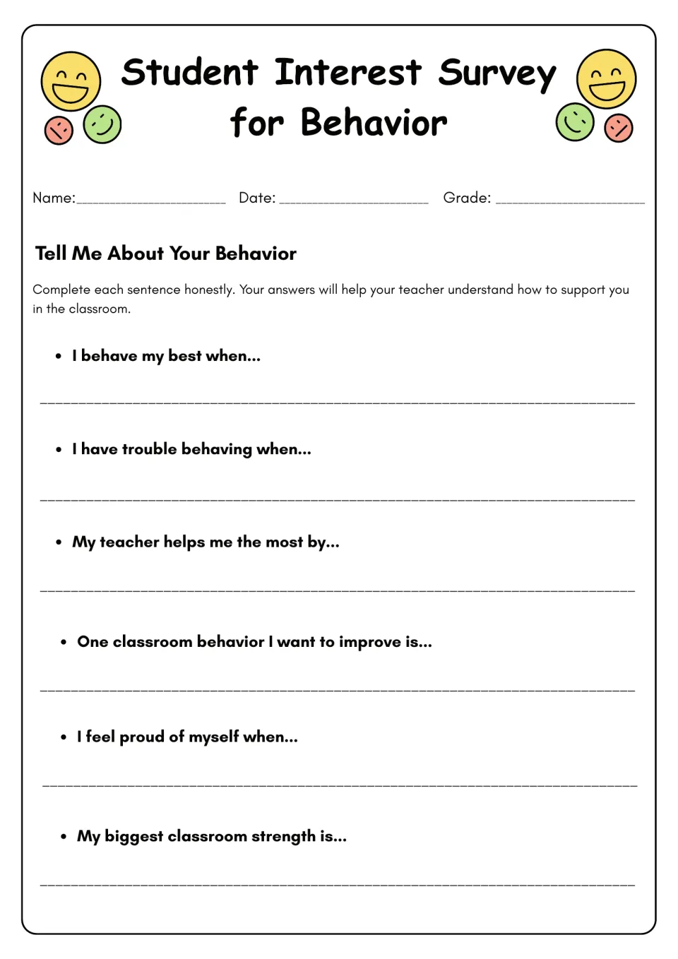 Behavior reflection: six sentence starters about strengths, challenges, teacher support, pride, and improvement