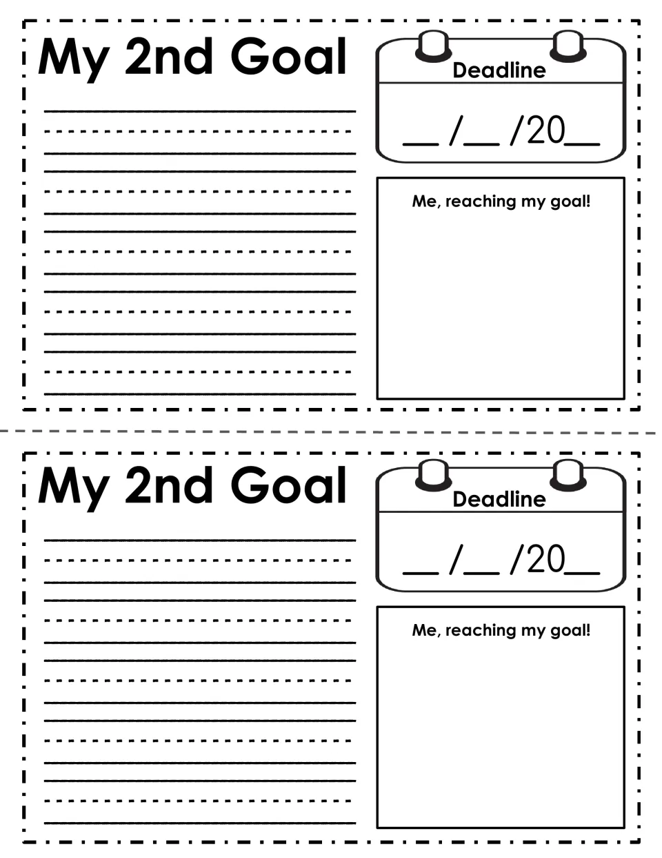 My 2nd Goal: students describe a second goal, fill in a target deadline and sketch themselves achieving it