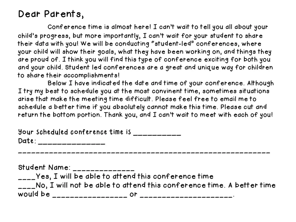 Parent conference letter explains student sharing and includes a scheduled time, date, and attendance reply