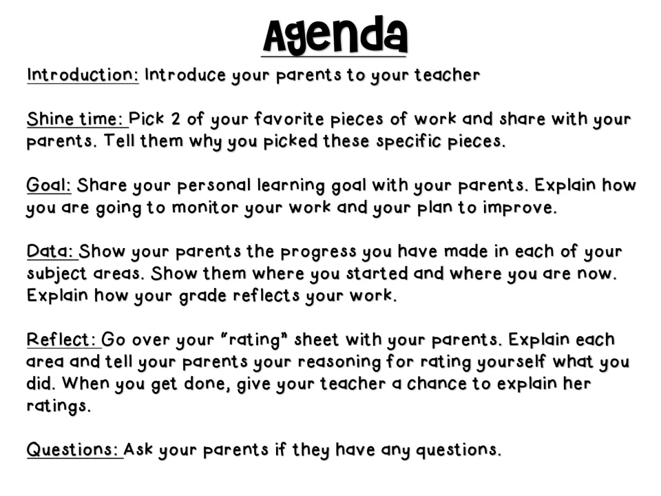 Student conference agenda covers introductions, two favorite work samples, a learning goal, data, and reflection