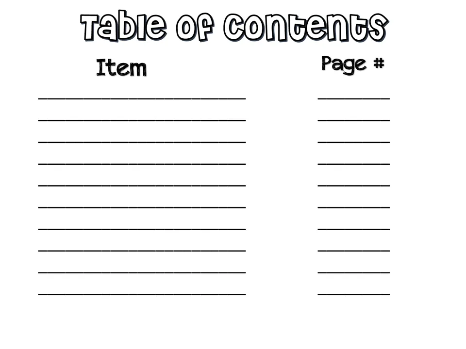 Data portfolio table of contents provides space to record ten item titles and their corresponding page numbers