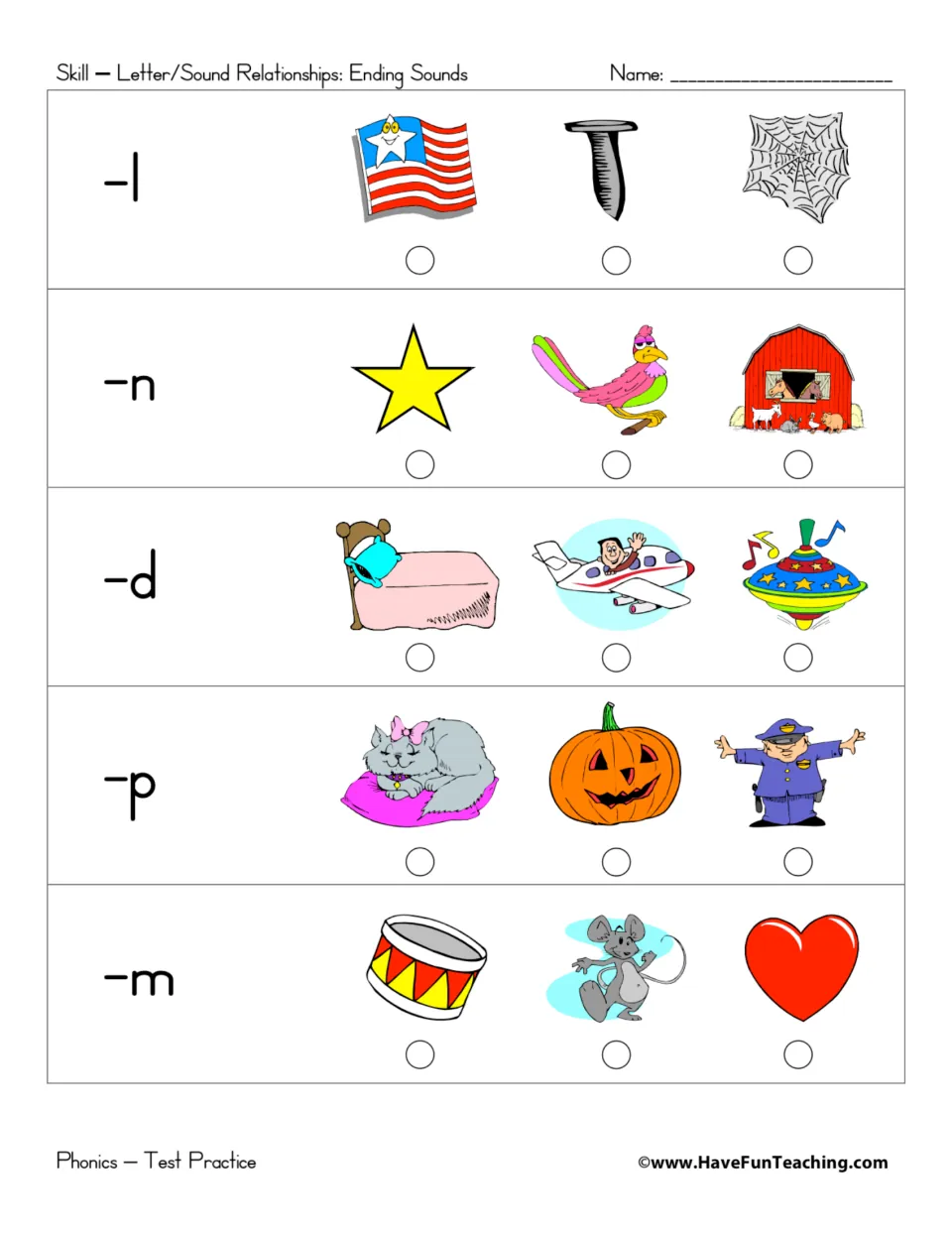 Ending sounds practice: choose pictures whose names end in l, n, d, p, or m across five questions.