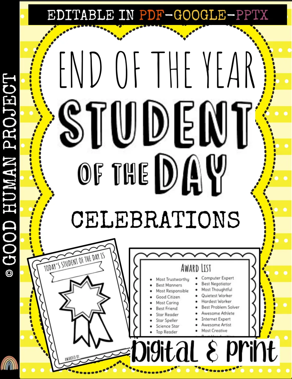 Student of the Day Celebrations cover identifying an end-of-year activity in editable digital and print formats