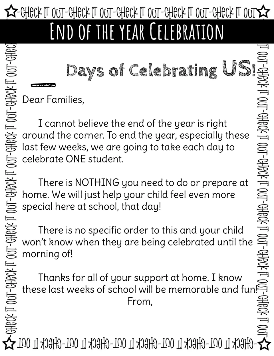 Print family letter explaining daily student celebrations, no preparation at home, and surprise selection