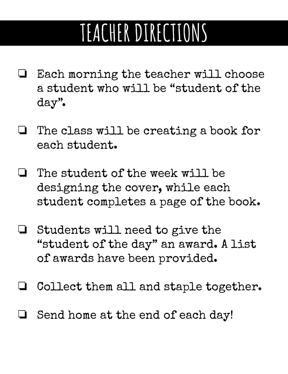 Teacher directions for choosing a student, creating a class-made award book, stapling it, and sending it home