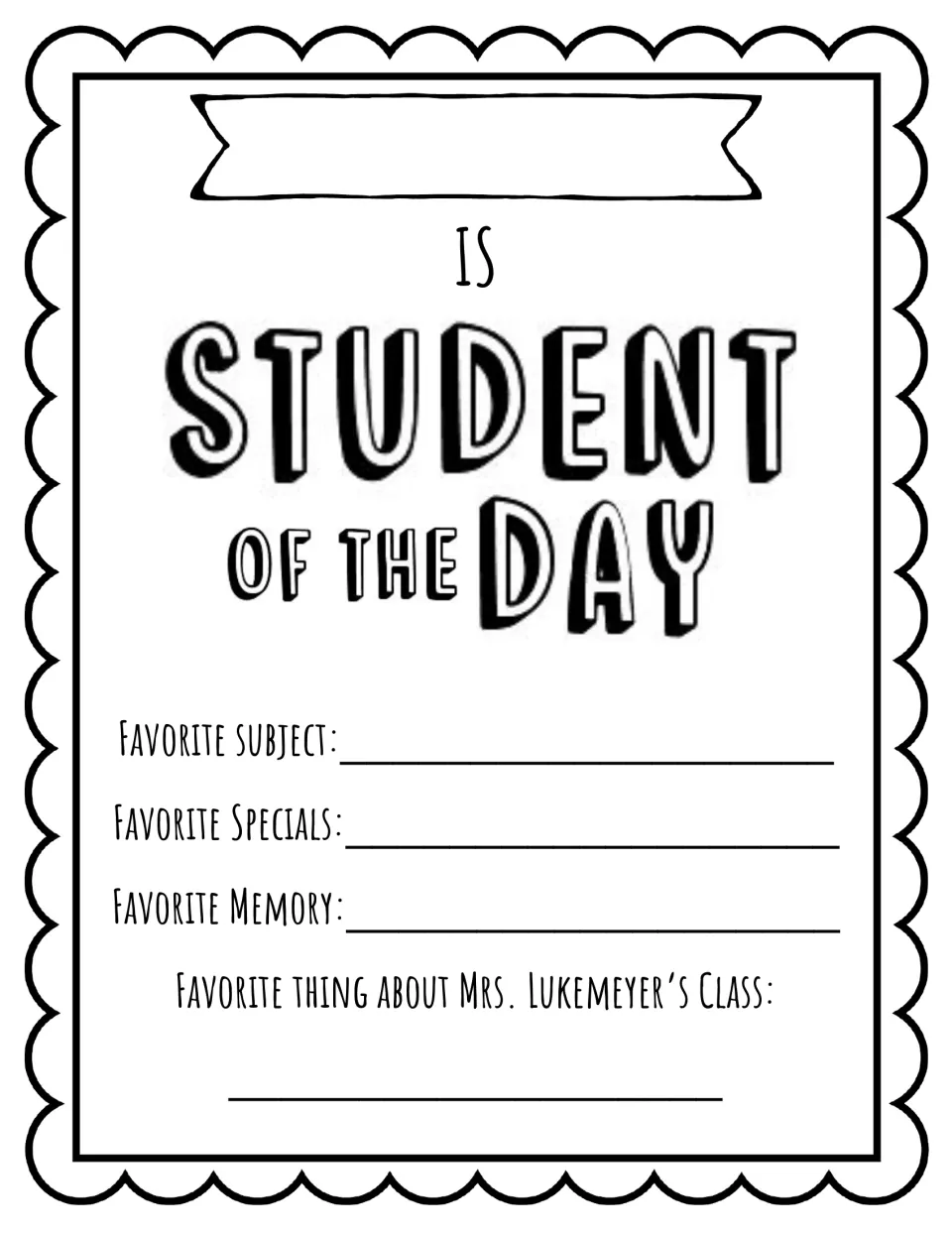 Student book cover asking for favorite subject, specials, memory, and favorite thing about Mrs. Lukemeyer's class