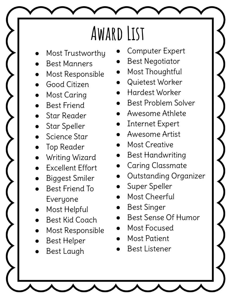 Award list for student celebration books, including Most Trustworthy, Science Star, Most Helpful, and Best Listener