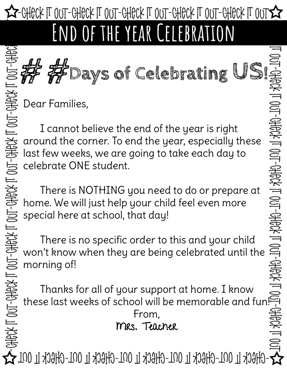 Digital family letter about daily student celebrations, with a day-count placeholder and “Mrs. Teacher” signature