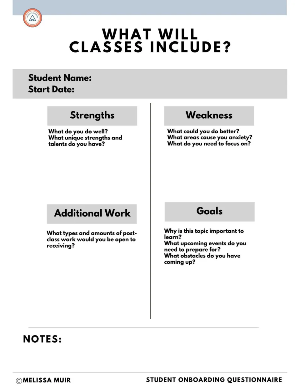 Onboarding questionnaire asks about student strengths, weaknesses, additional work preferences, and goals