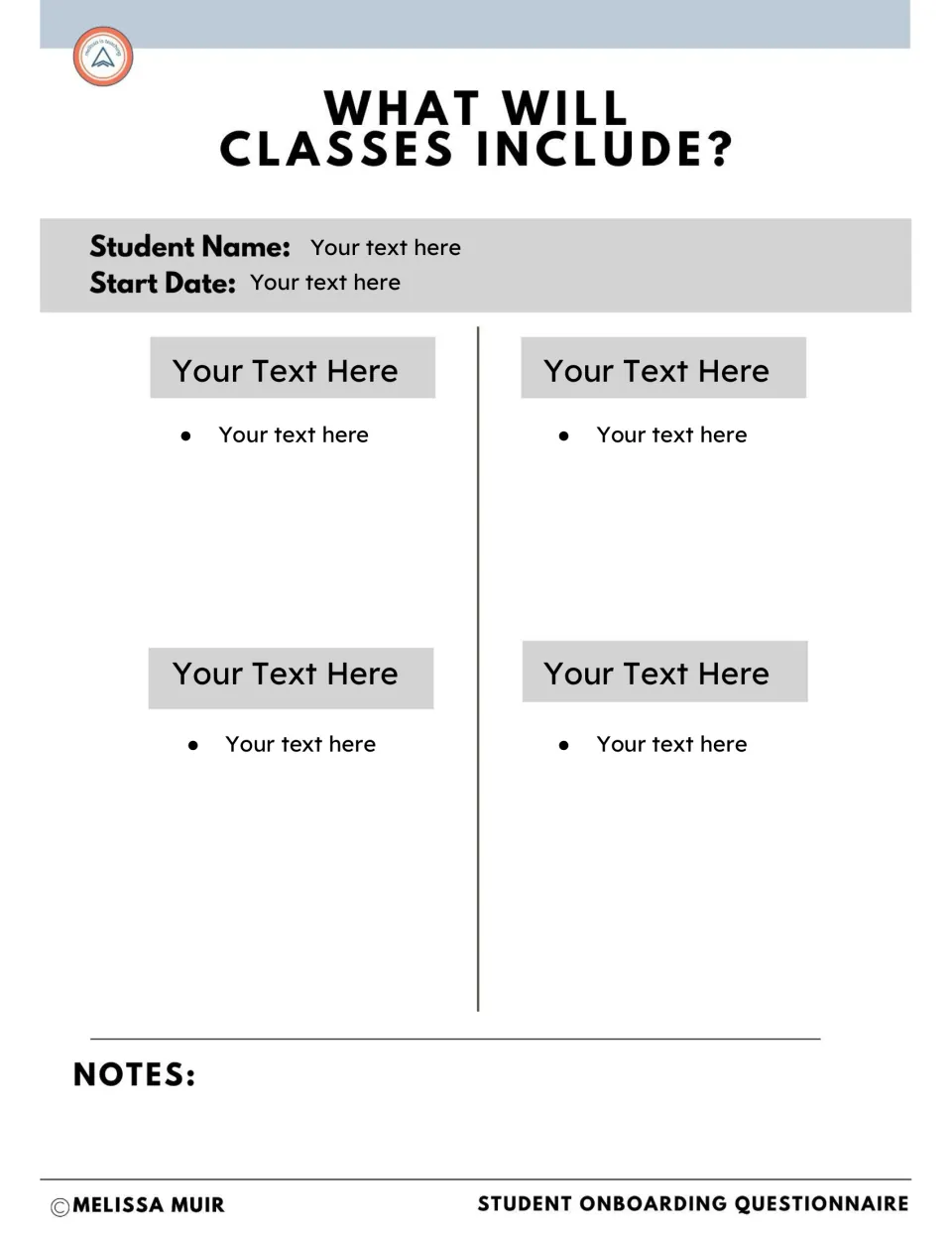 Customizable onboarding questionnaire template includes student name, start date, and four placeholder sections