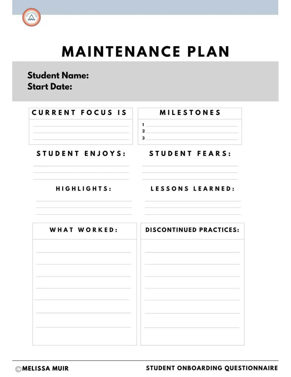 Maintenance plan records current focus, milestones, student interests and fears, and teaching reflections