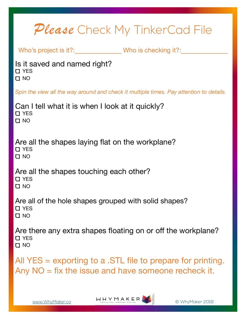 Please Check My TinkerCad File: a peer checks a 3D model with yes/no questions on naming, flat shapes and grouped holes