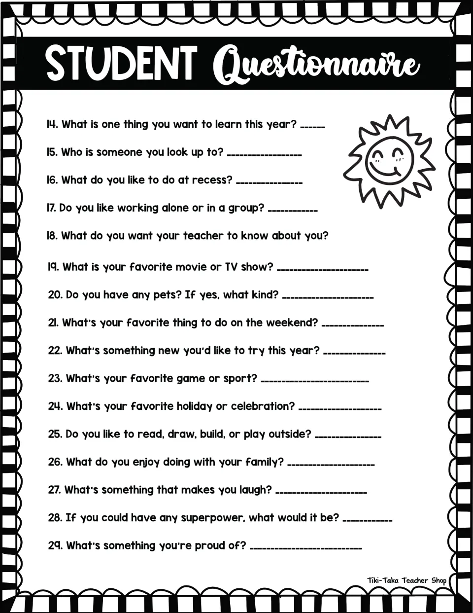 Questions 14-29 continue: students share learning goals, recess, pets, family, a superpower and what makes them proud