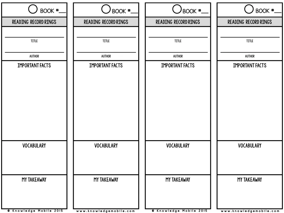 Key facts bookmarks: students write a book's title and author, then its important facts, vocabulary and takeaway