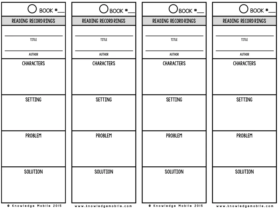 Story elements bookmarks: after noting title and author, students identify the characters, setting, problem and solution