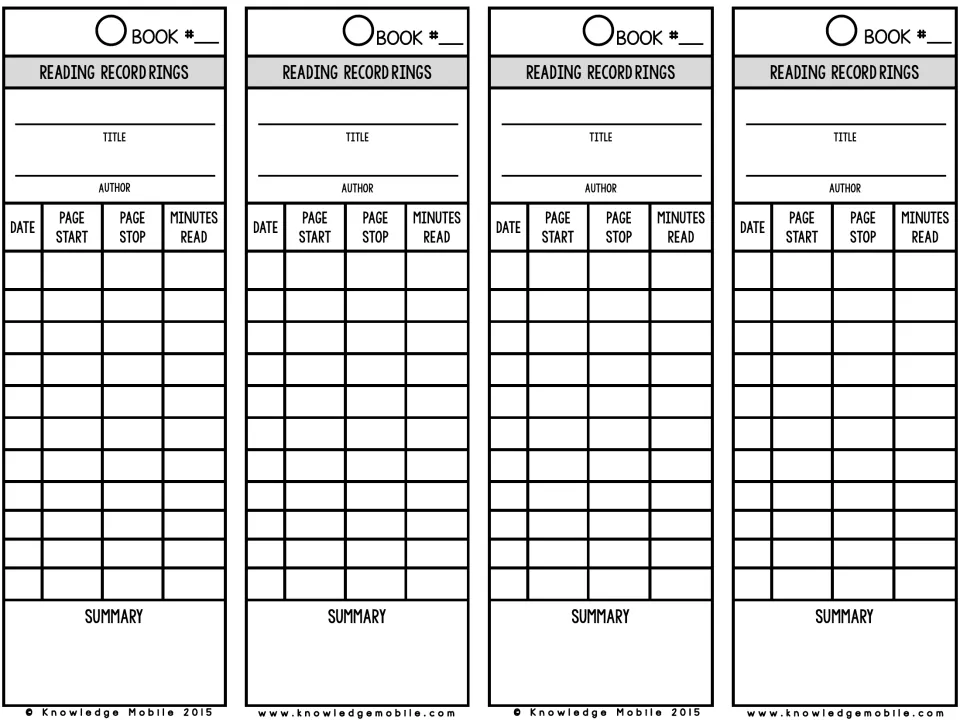 Reading log bookmarks: students log date, start page, stop page and minutes read for each session, then write a summary