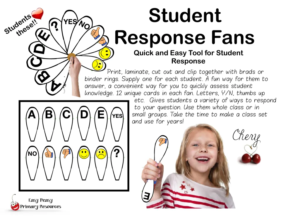 Cover of Student Response Fans: 12 cards with A to E, yes, no, thumbs, faces and ?, clipped into a fan for answering