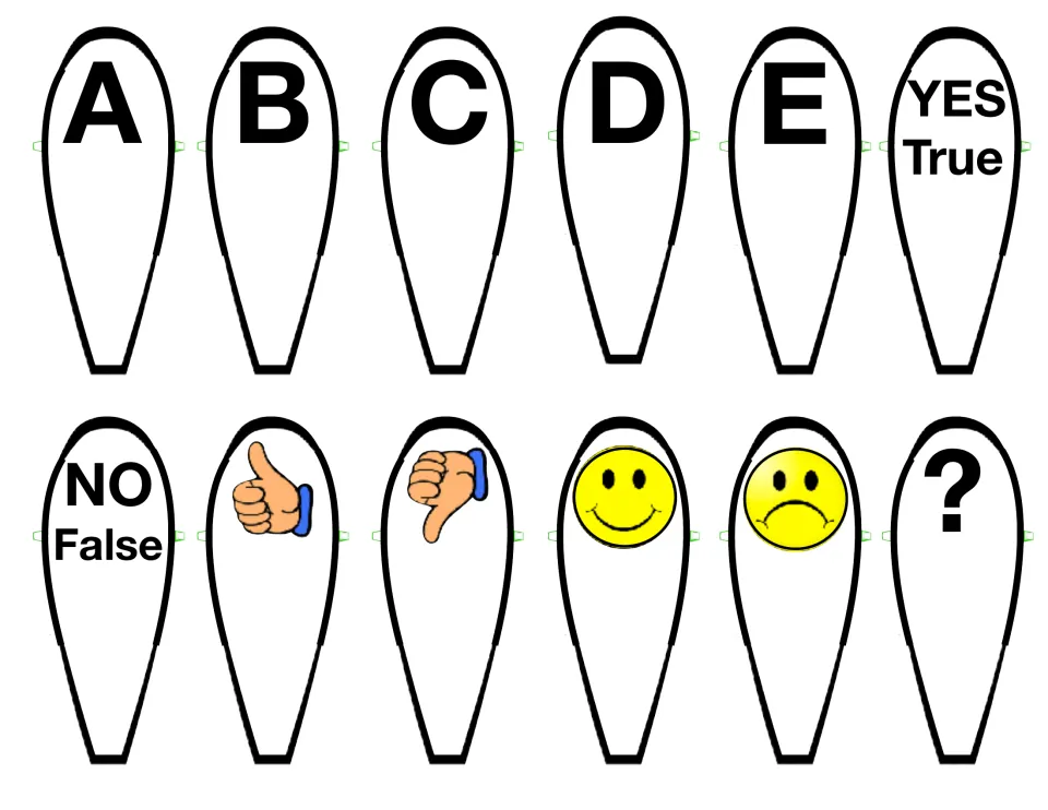 Color answer cards to cut out: letters A to E, YES/True, NO/False, thumbs up and down, happy and sad faces and ?