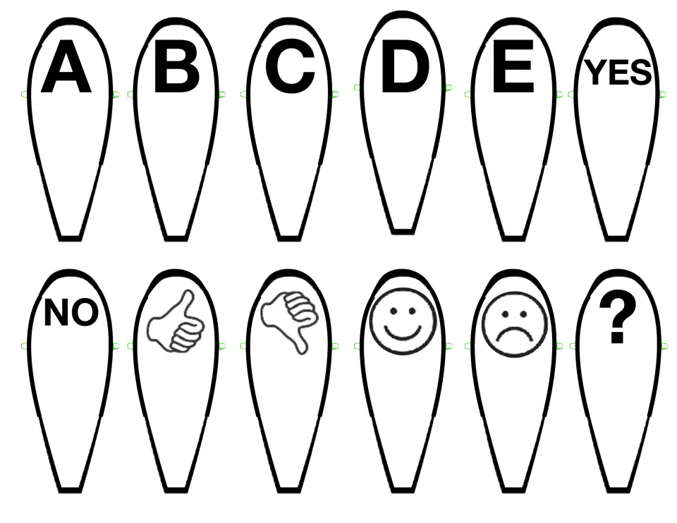 Black-and-white answer cards to cut out: A to E, YES, NO, thumbs up and down, happy and sad faces and a question mark