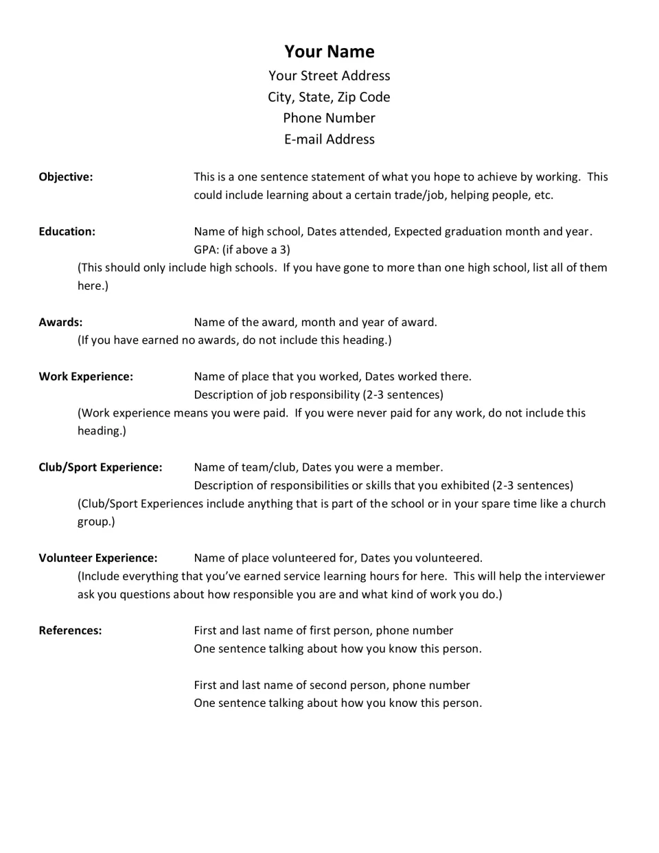 Resume template: students fill in objective, education, awards, work, club/sport, volunteer and reference sections