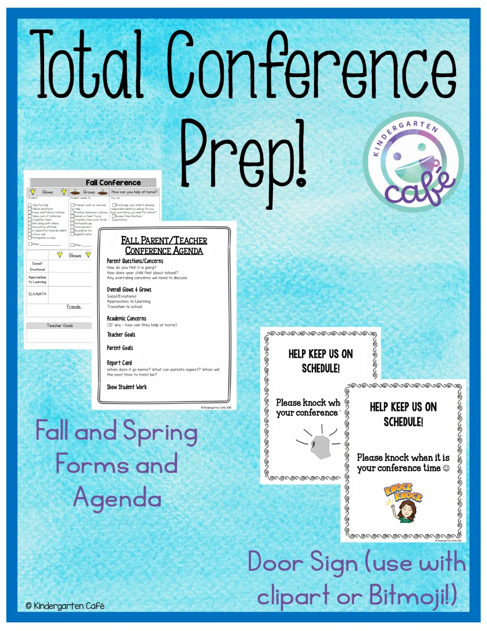 Total Conference Prep! cover showing fall and spring conference forms, a fall agenda and two knock-please door signs