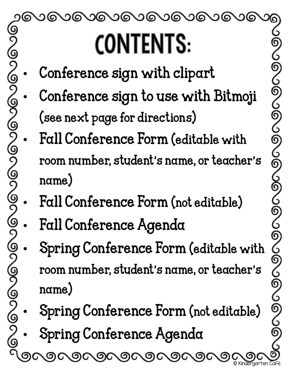 Contents list: two conference door signs, editable and non-editable fall and spring forms, plus a fall and a spring agenda