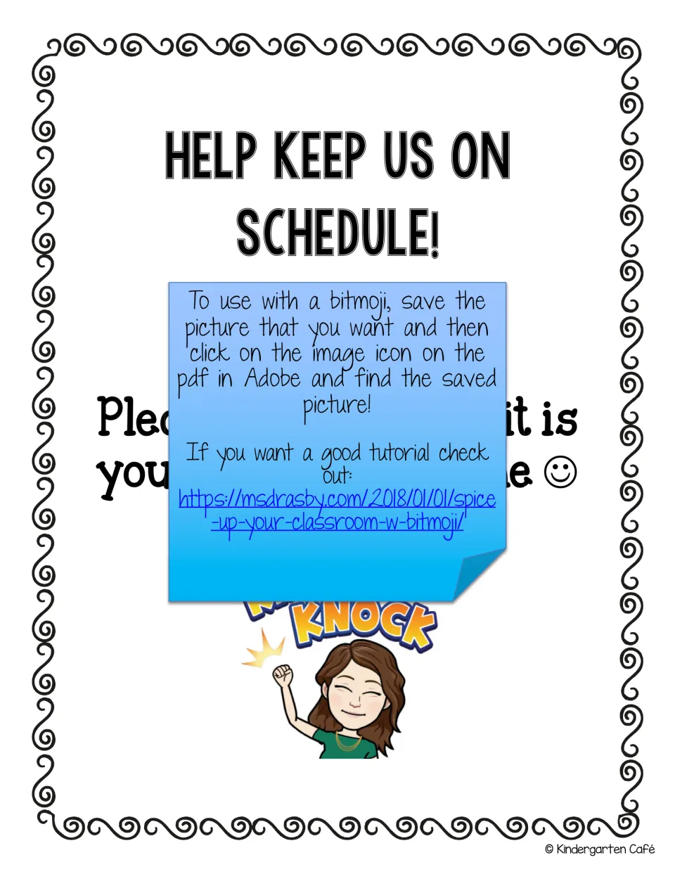 Bitmoji door sign directions: save a Bitmoji, add it via the image icon in Adobe; includes a tutorial link