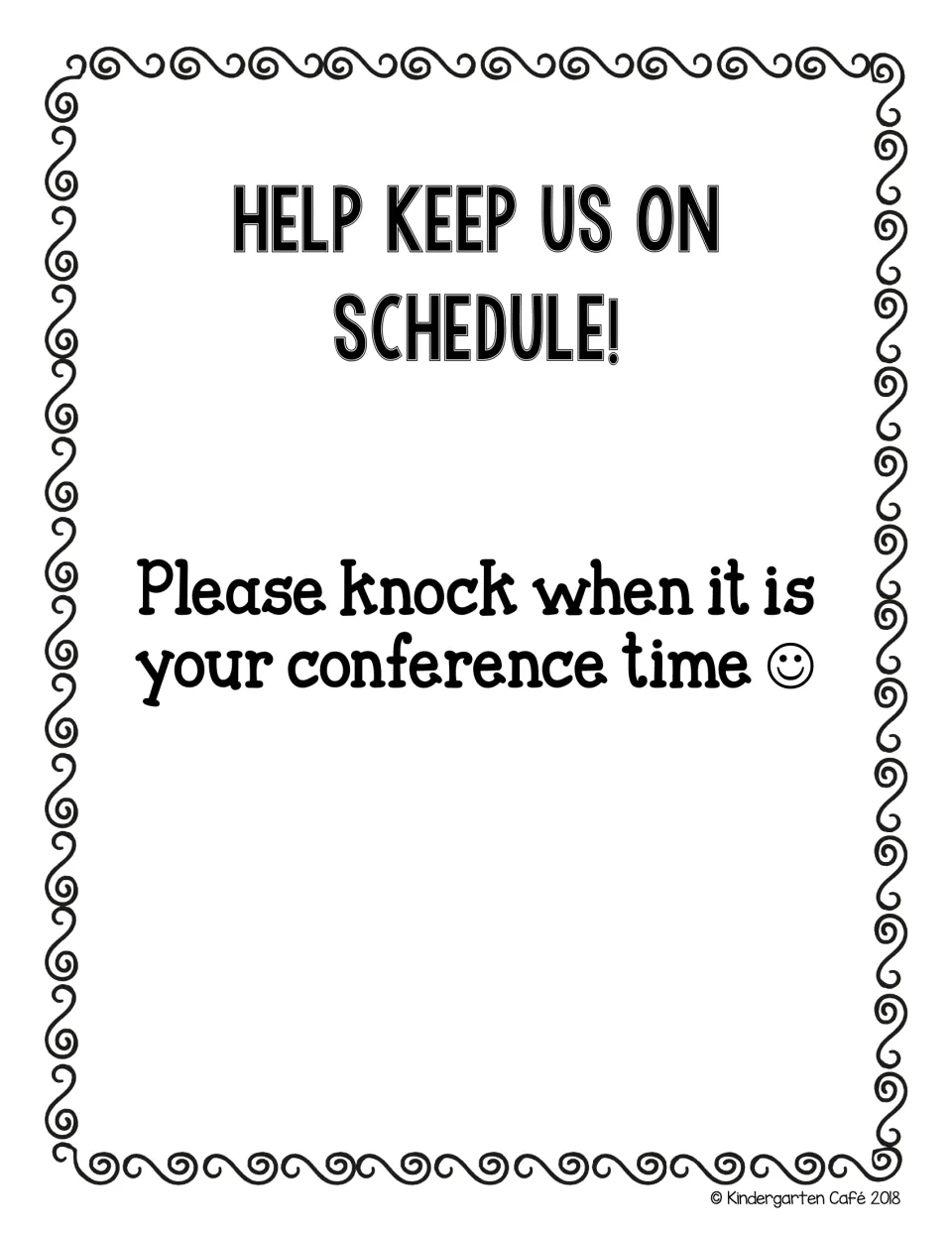 Door sign reading Help keep us on schedule! Please knock when it is your conference time, with space for a Bitmoji