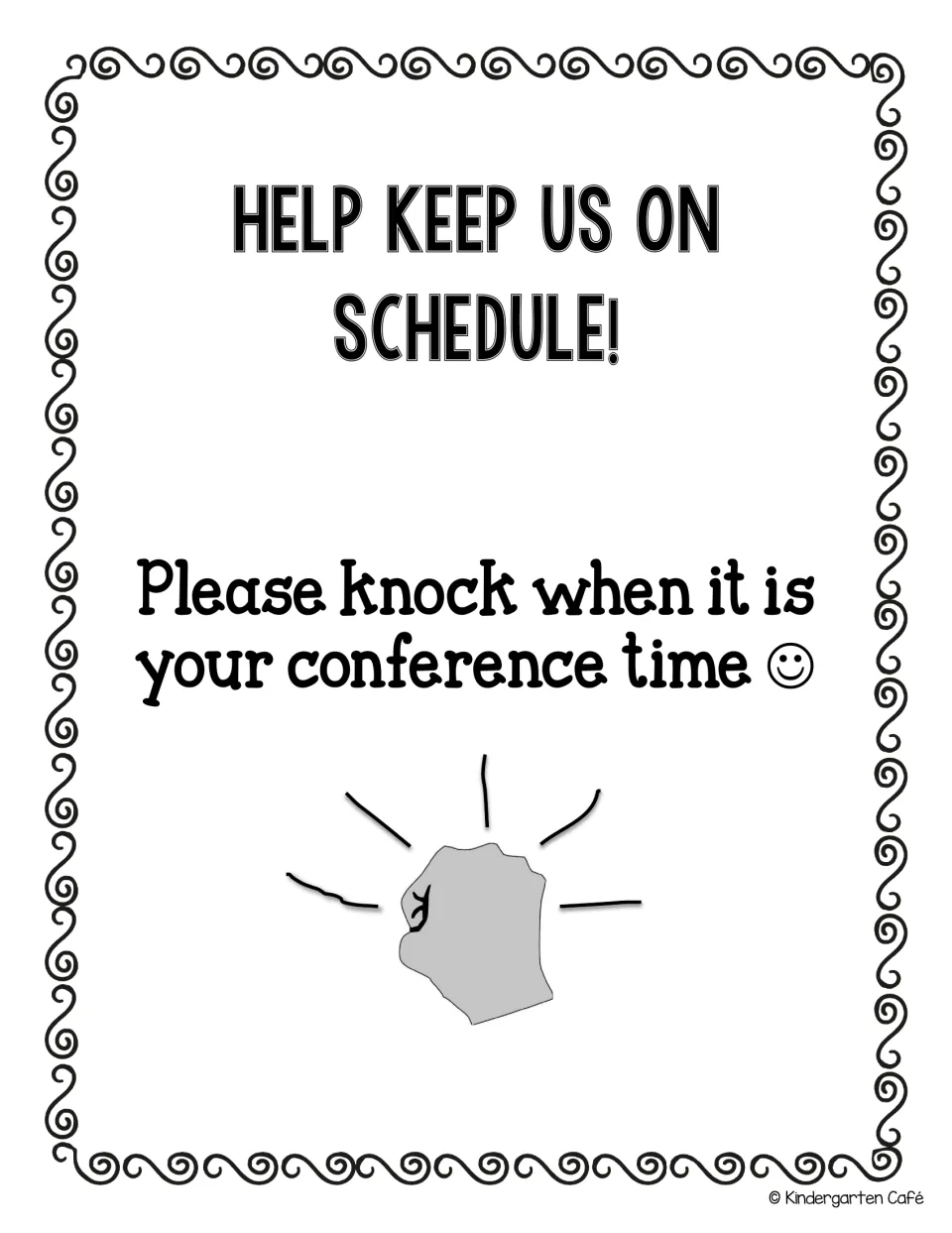 Door sign asking families to knock when it is their conference time, illustrated with a knocking fist clipart drawing
