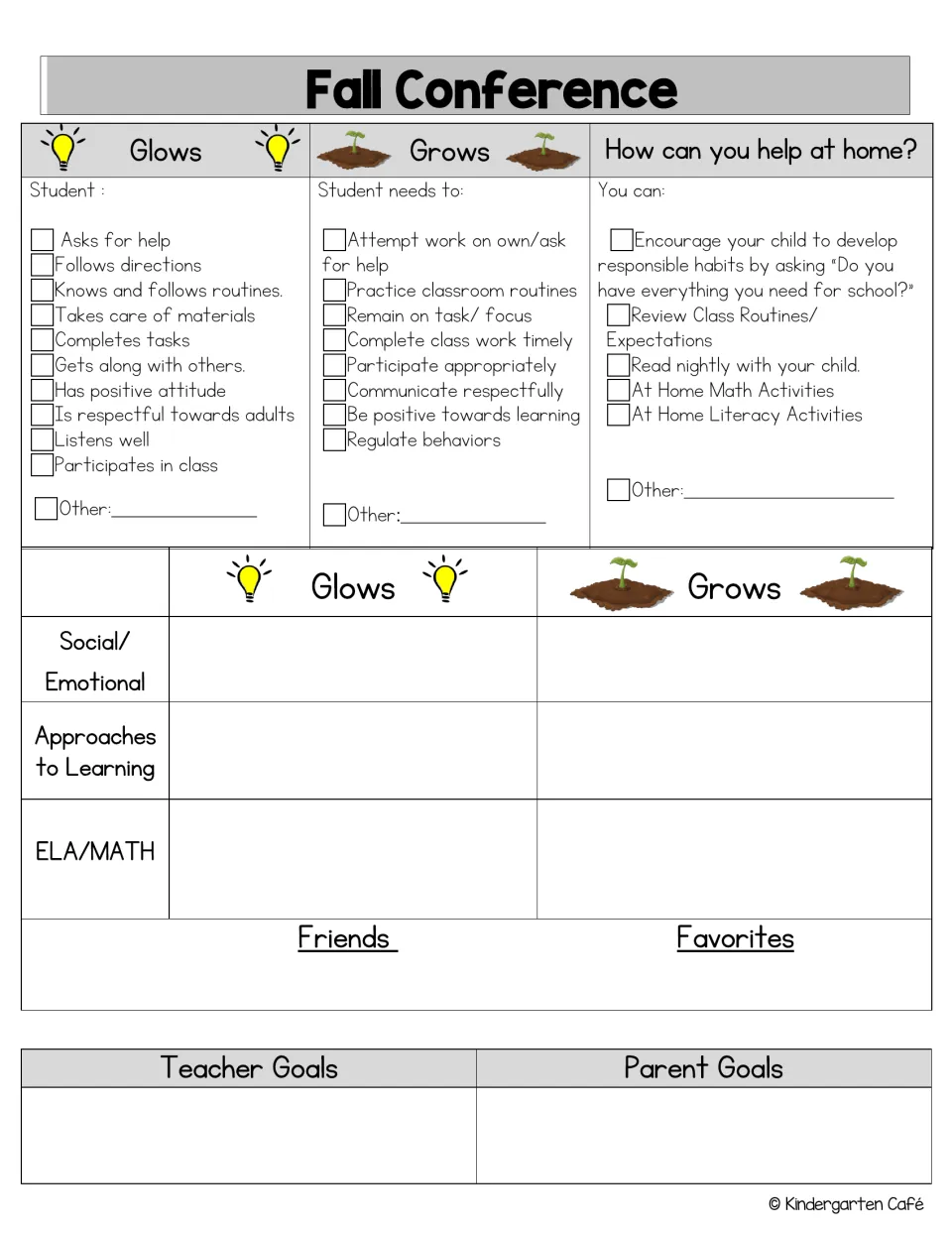 Fall conference form: teacher checks glows, grows and home-help tips, then notes social, ELA/math, friends and goals