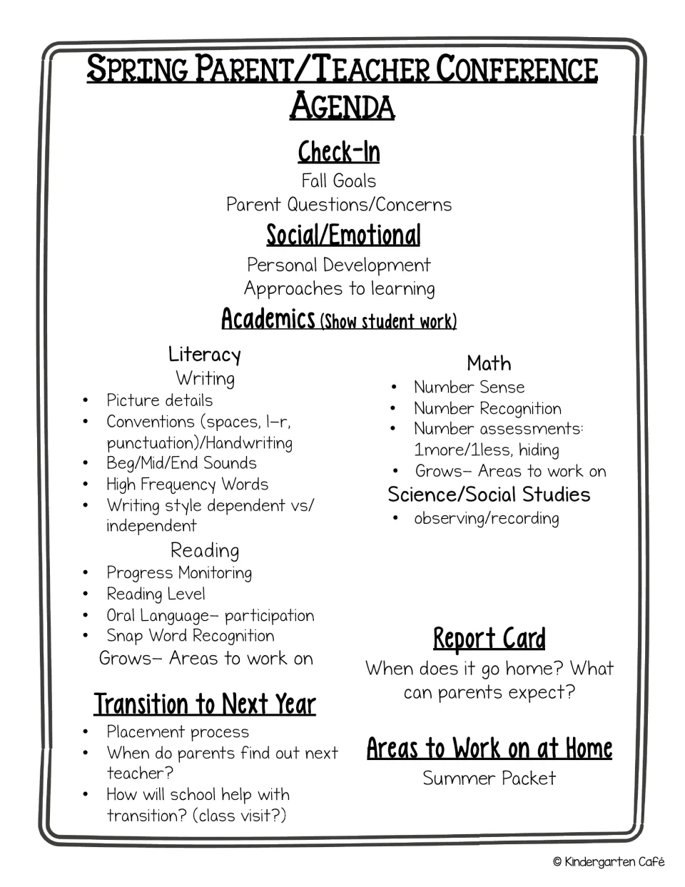 Spring conference agenda detailing check-in, literacy and math skills, report card and next-year transition