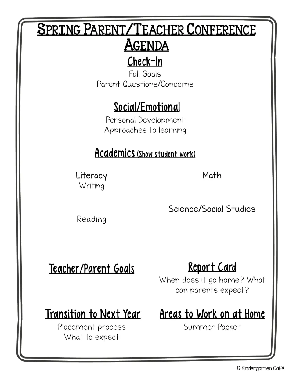 Short spring conference agenda listing check-in, social/emotional, academic headings, goals, report card and next year