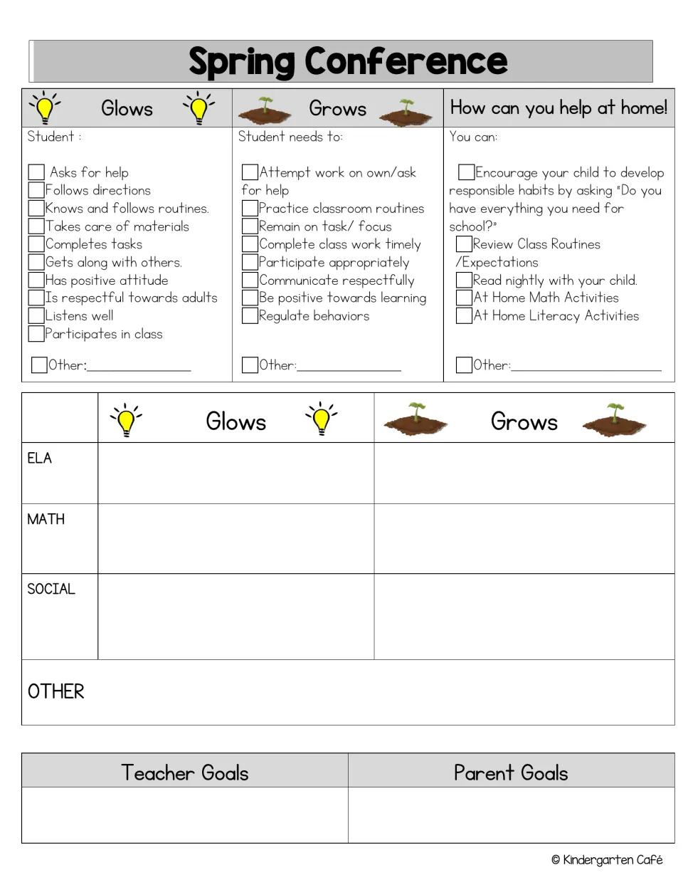 Spring conference form: checklists of student glows, grows and home tips, then notes for ELA, math, social and goals