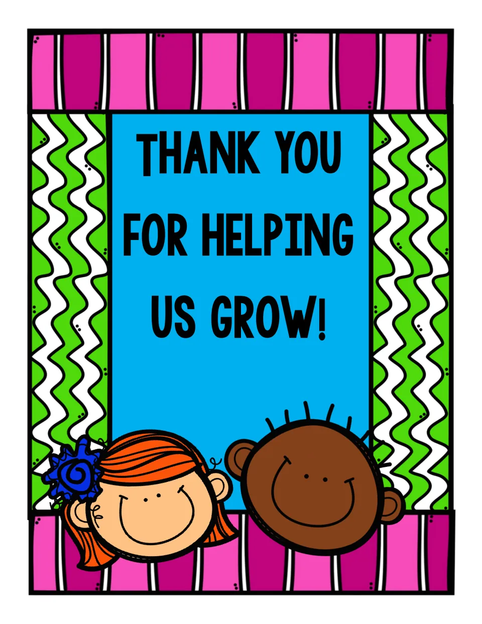 Thank-you card front reading "Thank you for helping us grow!" with two smiling cartoon children in pink and green
