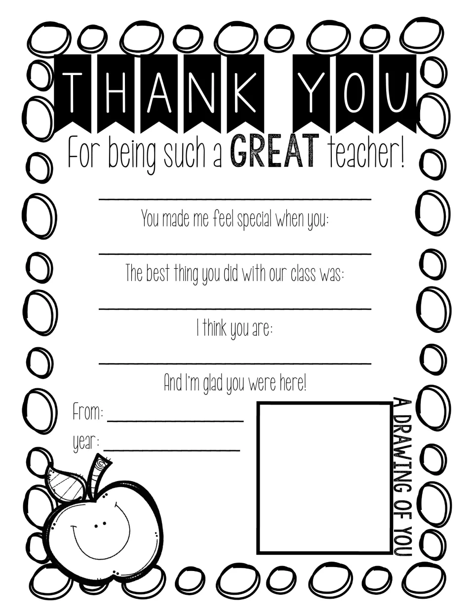 Thank-you note to a great teacher: students finish prompts like "I think you are:", add name and year, and draw the teacher