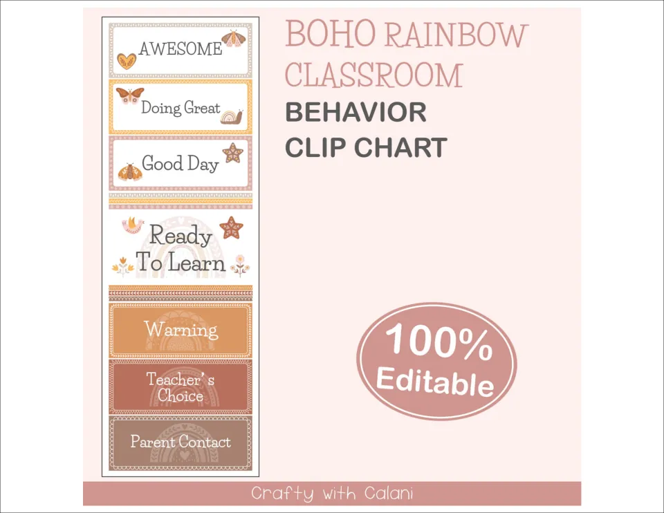 Boho Rainbow Classroom Behavior Clip Chart cover showing all seven levels from Awesome down to Parent Contact