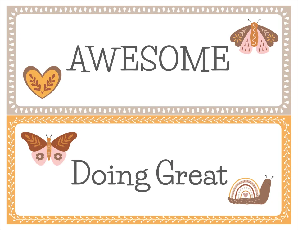 Top behavior clip chart levels: Awesome and Doing Great cards decorated with a moth, butterfly, heart and rainbow snail