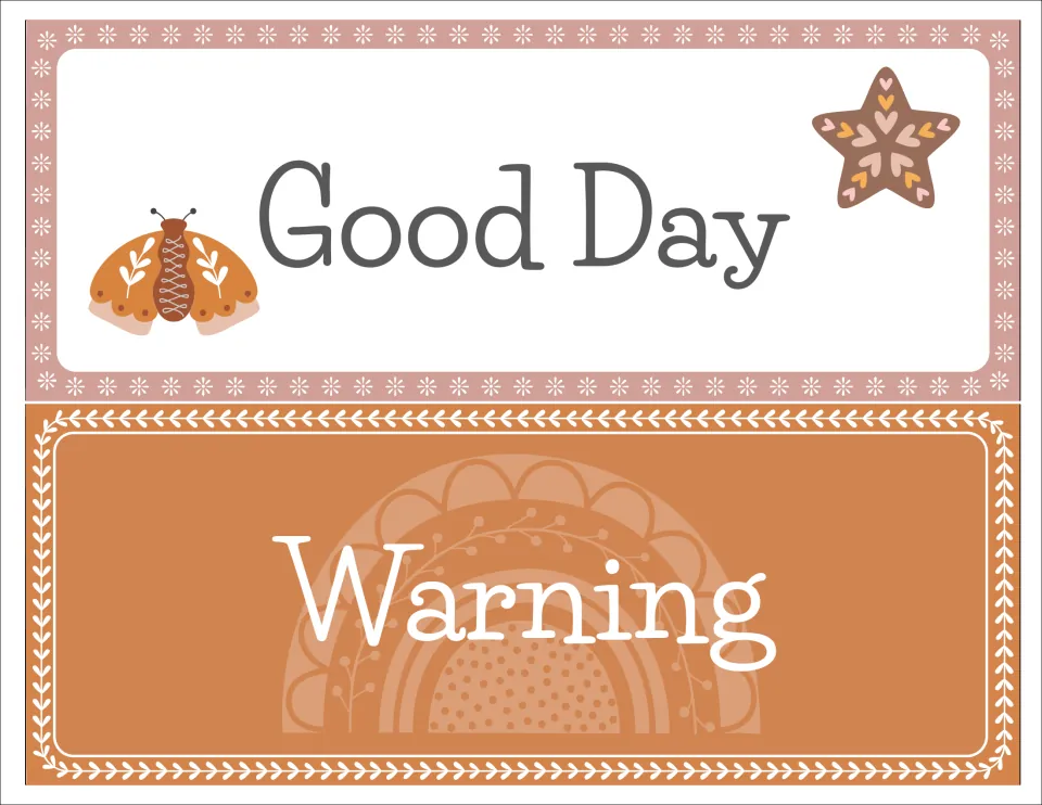 Behavior chart levels Good Day and Warning: white Good Day card with a moth and star, orange Warning card with a rainbow