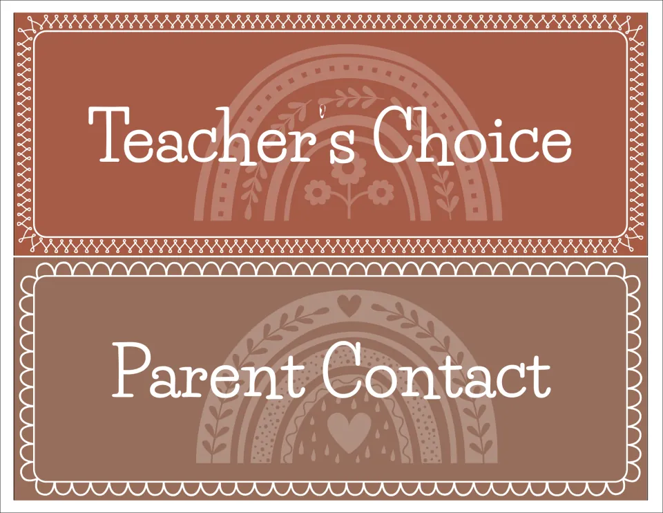 Lowest chart levels: Teacher's Choice and Parent Contact cards in rust and brown with faint rainbow designs