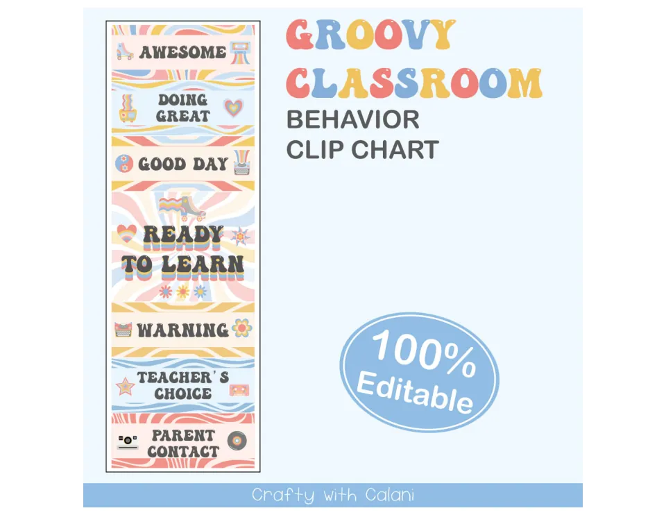 Groovy Classroom behavior clip chart cover showing seven levels from Awesome down to Parent Contact, marked 100% Editable