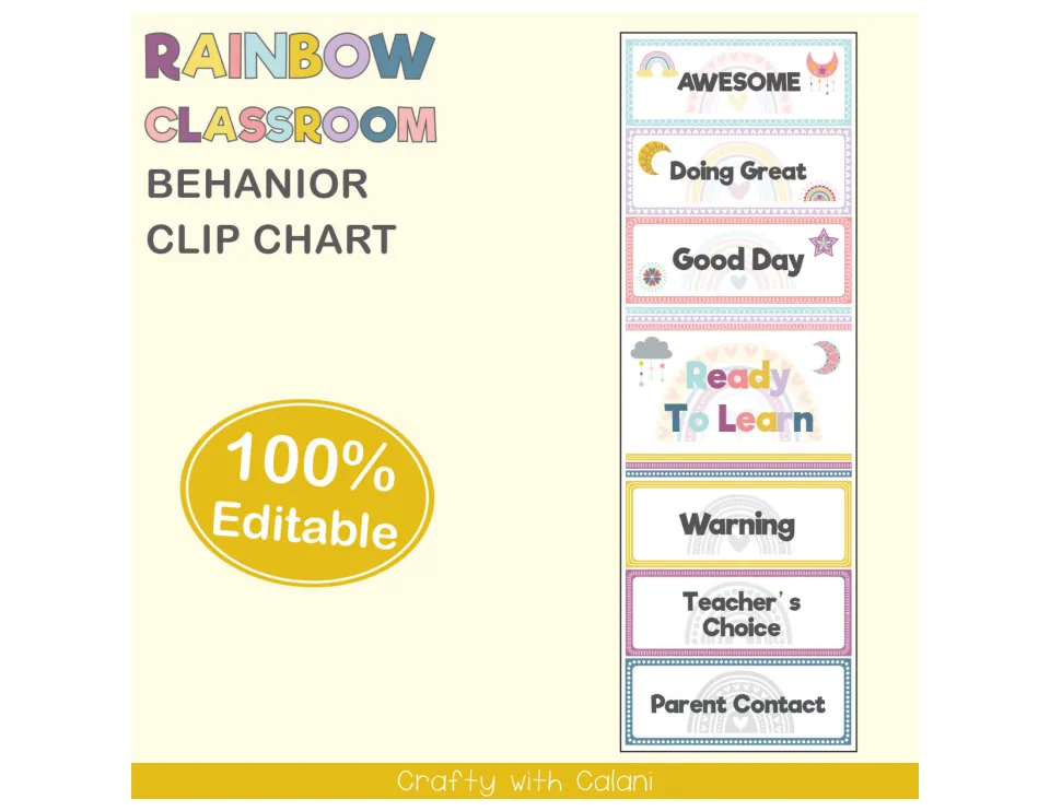 Rainbow Classroom behavior clip chart cover previewing seven pastel levels from Awesome down to Parent Contact