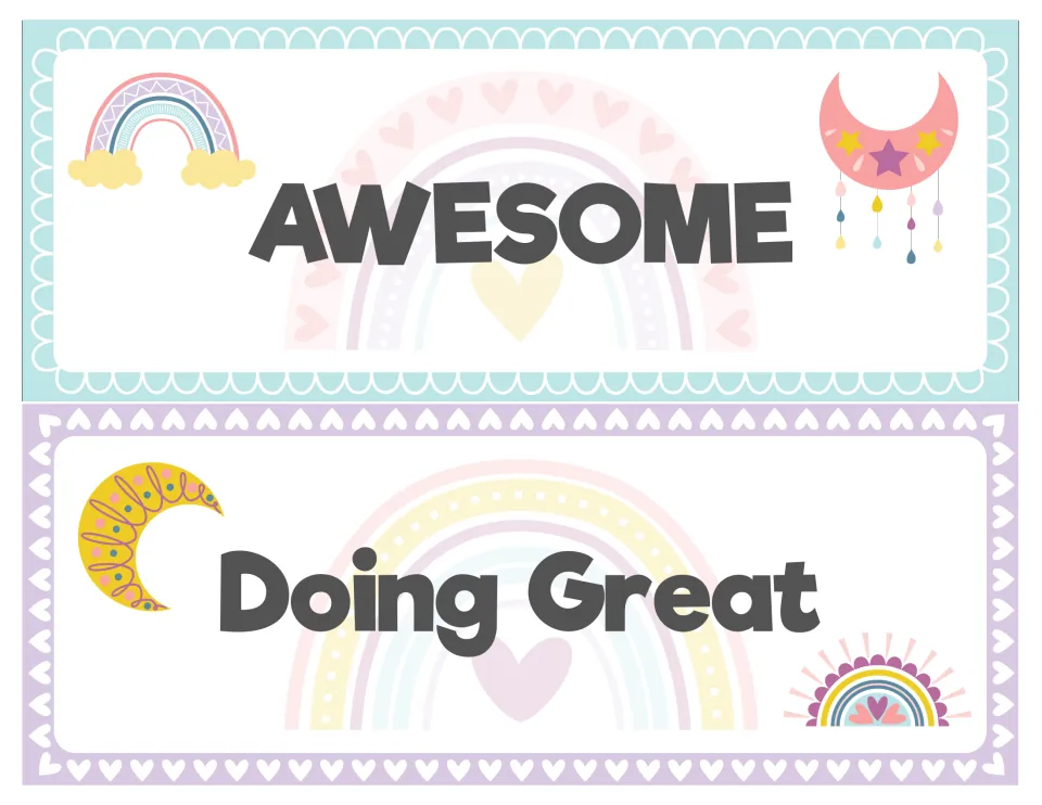 Top behavior chart levels: 'Awesome' and 'Doing Great' cards decorated with pastel rainbows and moons