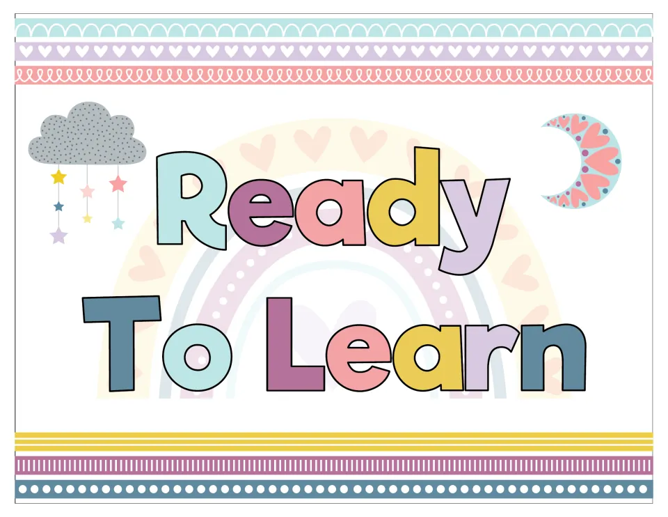 'Ready To Learn' behavior chart card in multicolor pastel letters with a cloud, a moon and a rainbow