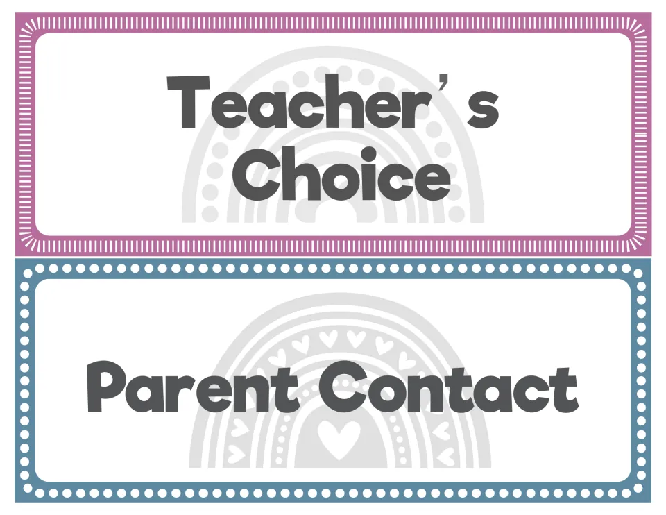 Lowest behavior chart levels: 'Teacher's Choice' on a purple card and 'Parent Contact' on a blue card