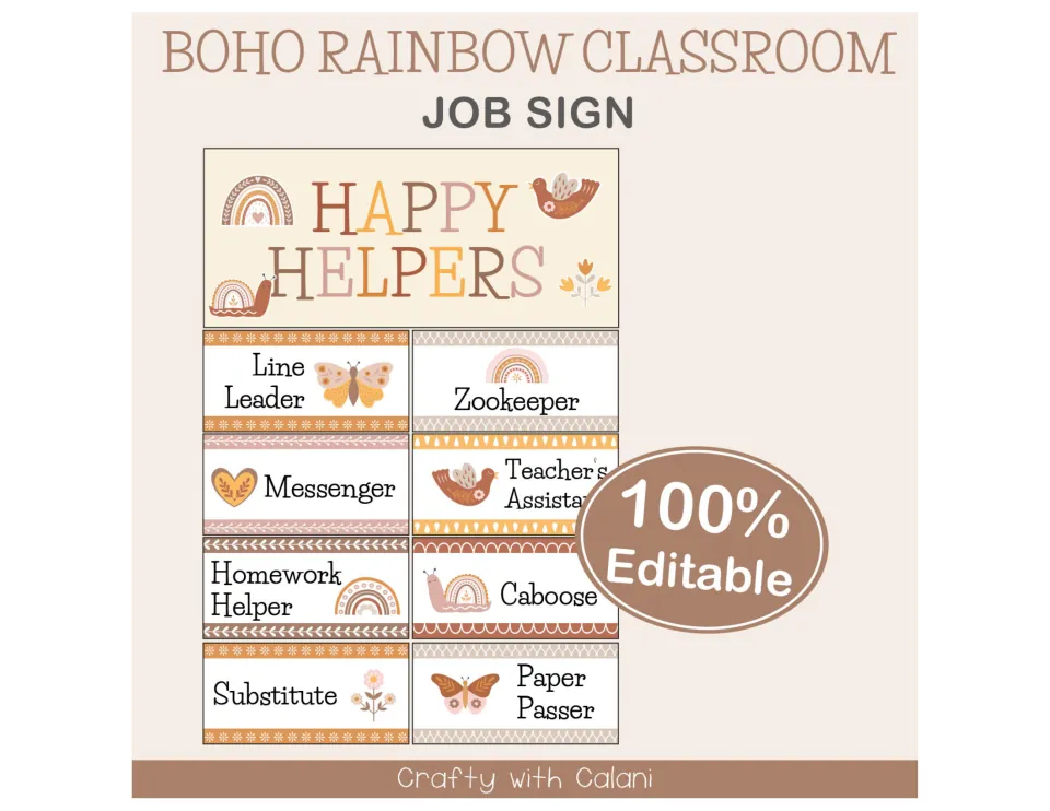Boho Rainbow Classroom Job Sign cover showing a Happy Helpers header and job cards like Line Leader, marked 100% Editable