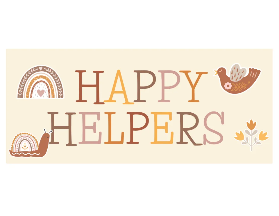 Happy Helpers header banner in warm boho colors with a rainbow, snail, bird and flower to title a class jobs display