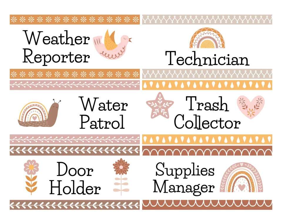 Job cards: Weather Reporter, Technician, Water Patrol, Trash Collector, Door Holder and Supplies Manager with boho art